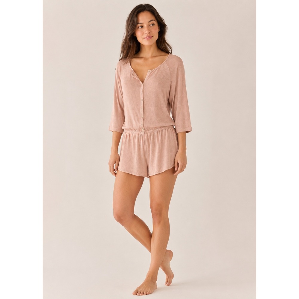 Eberjey Teddy Romper Petal Pink Pointelle Knit Henley‎ 3/4 Sleeve Small